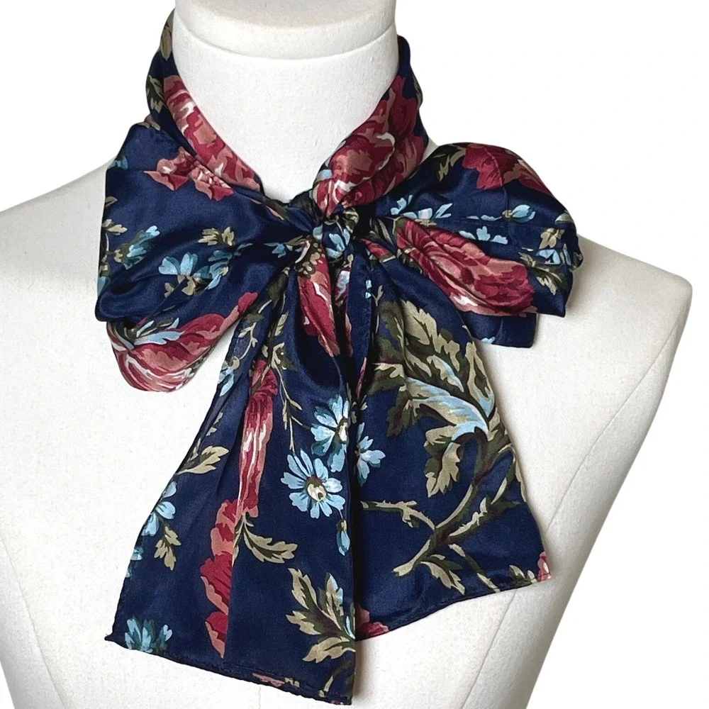 Floral Satin Neck Scarf Navy Blue Bow Tie Neck Cottagecore Vintage‎ Style OS